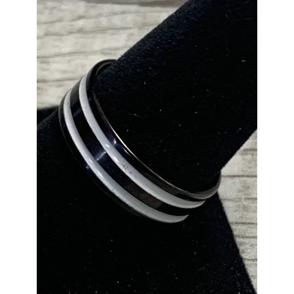 Black Band Ring with Double White Enamel Stripes Size 10.25 Modern Minimalist